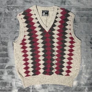 Panache Vintage Argyle Lambswool Sweater Vest Gray Burgundy Mens Medium Greece